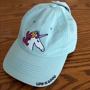 NWT Life Is Good Beach Blue Unicorn Kid’s Cap, “One of a Kind” Text kids small